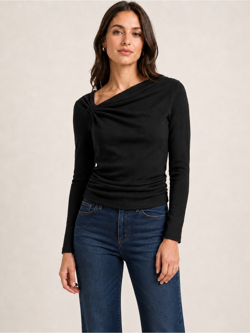 Side Knot Ruched Long-Sleeve Knit Top in Black